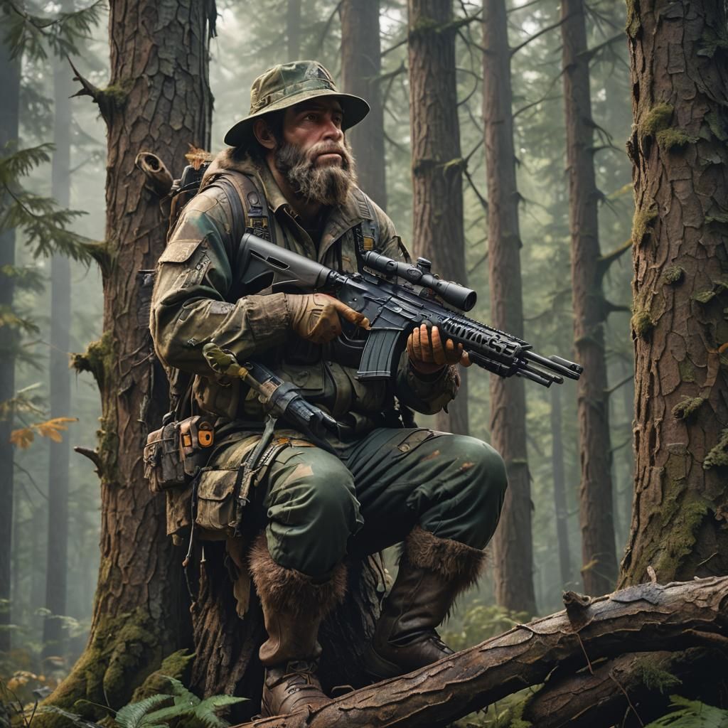 Hunter in Tree Stand Watches Bigfoot: Hyper-Realistic Art