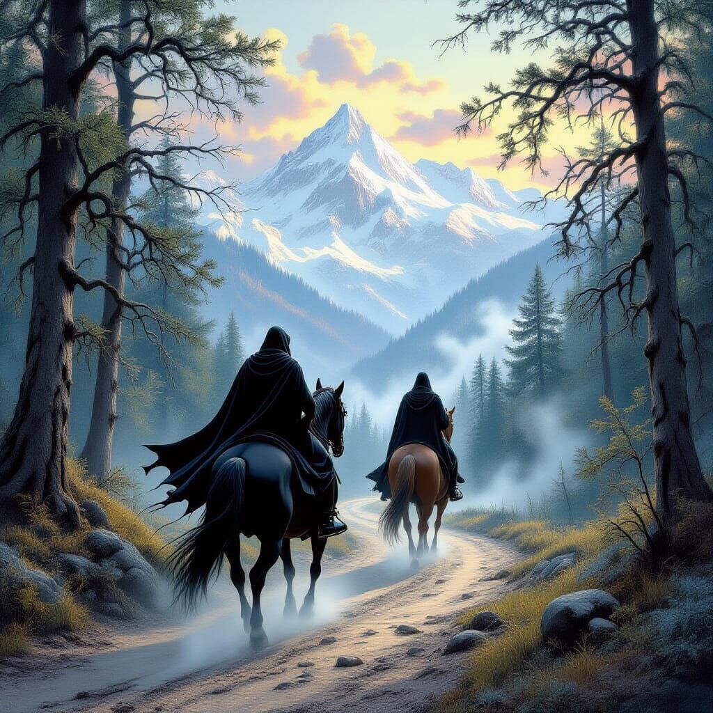 Cloaked Riders Journey to Distant Mountains