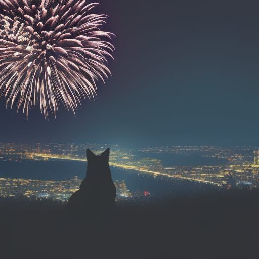 Wolf Silhouette Watching Fireworks at Night