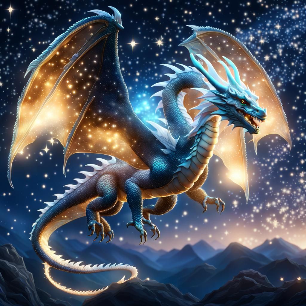 Pearlescent Dragon Soaring Through Starry Sky
