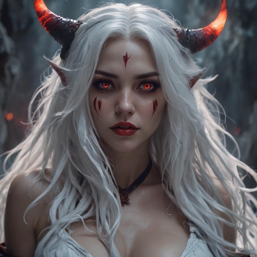 Demon Woman with Red Eyes in Dark Fantasy Style