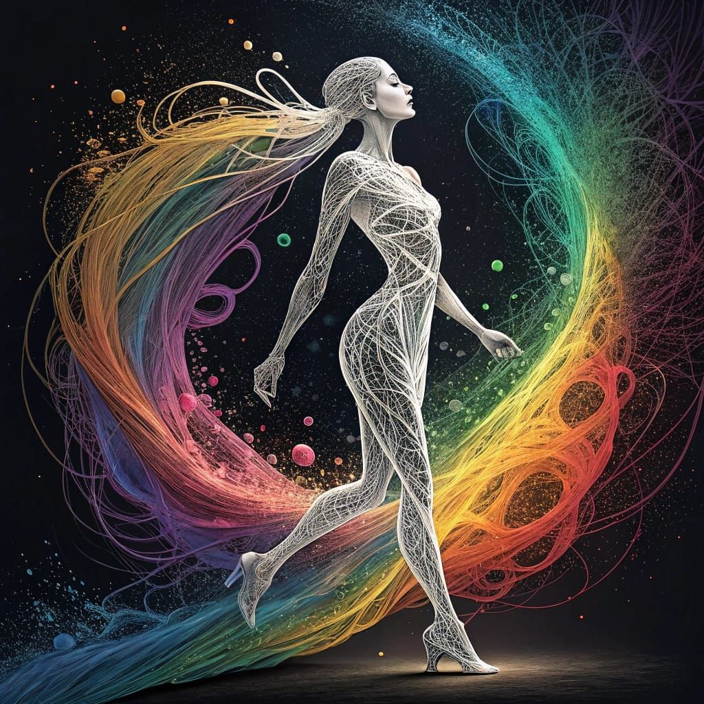 Abstract Wireframe Woman in Rainbow Vortex