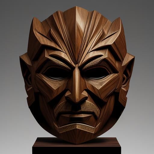 Detailed Wooden Mask in Low-Poly Digital Art