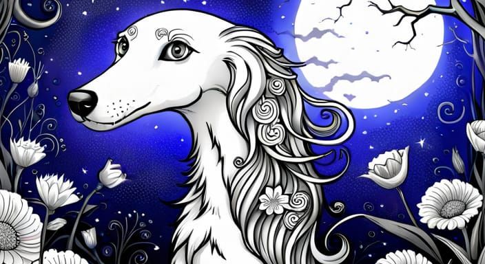Cute Greyhound in Flowers Coloring Book Style