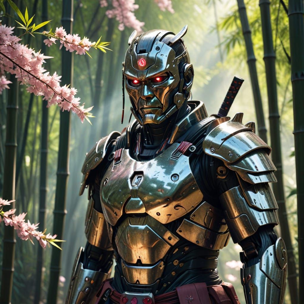 Cyborg Samurai in Bamboo Forest