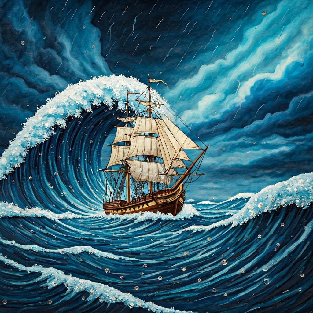 Ornate Sailing Ship Amidst Stormy Seas