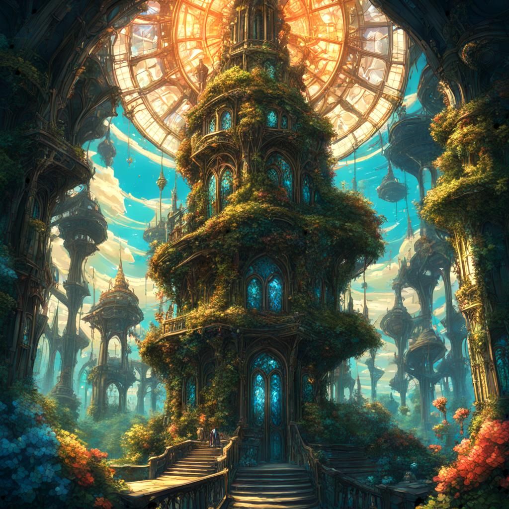 Bioluminescent Clock Tower: Sci-Fi Fantasy Anime Art