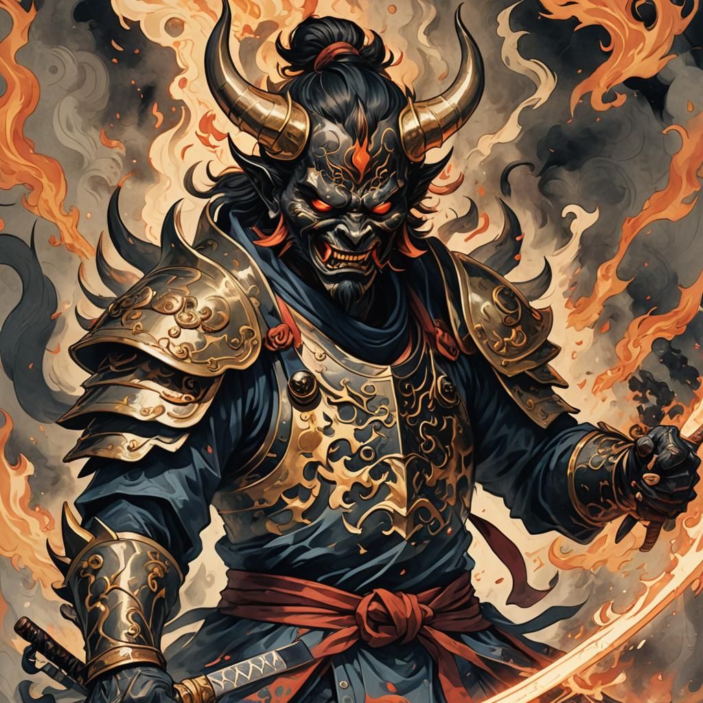 Fiery Oni Samurai in Dark Fantasy Illustration