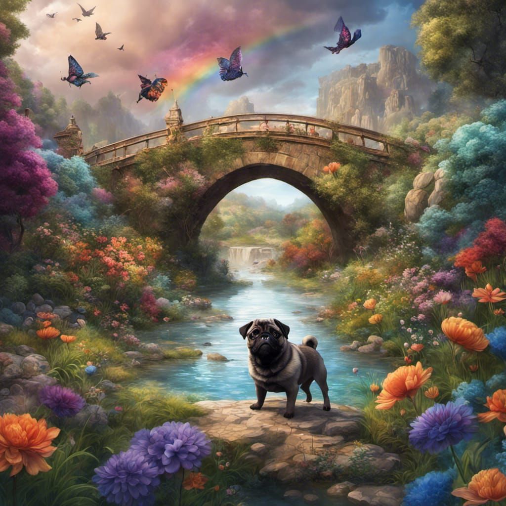 Winged Pug in Fantastical Rainbow Landscape
