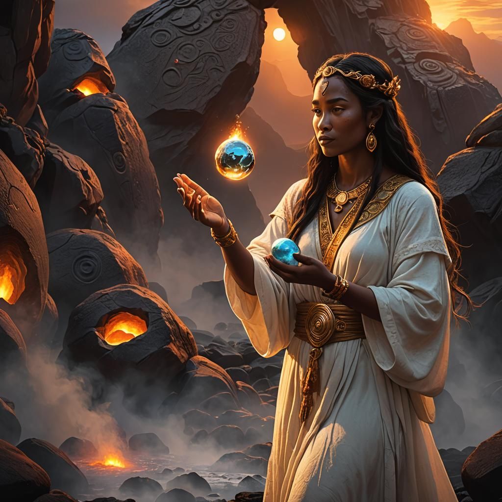 Priestess with Glowing Pebble in Volcanic Sunset