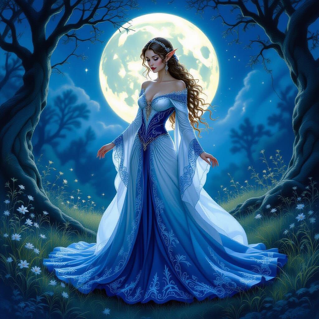 Elven Woman in Moonlit Glade Oil Painting