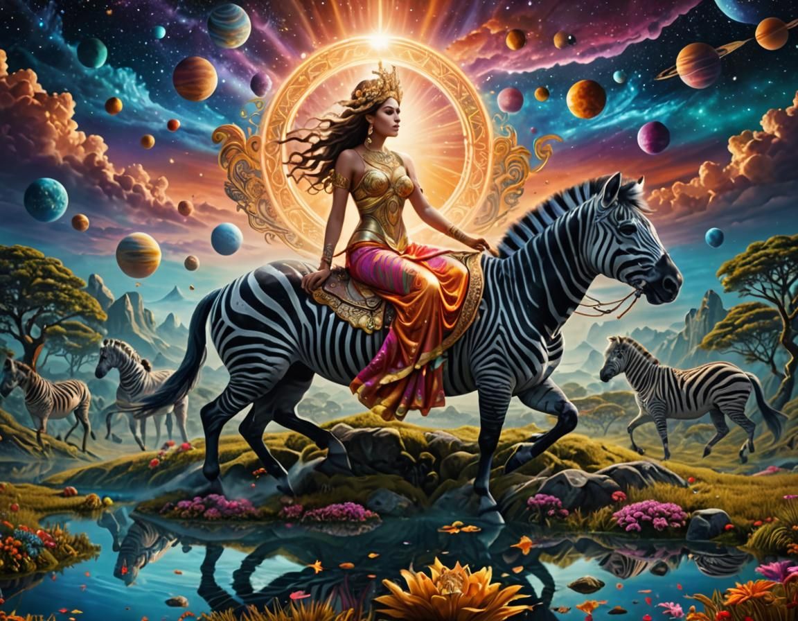Goddess on Zebra in Surreal Astral Landscape