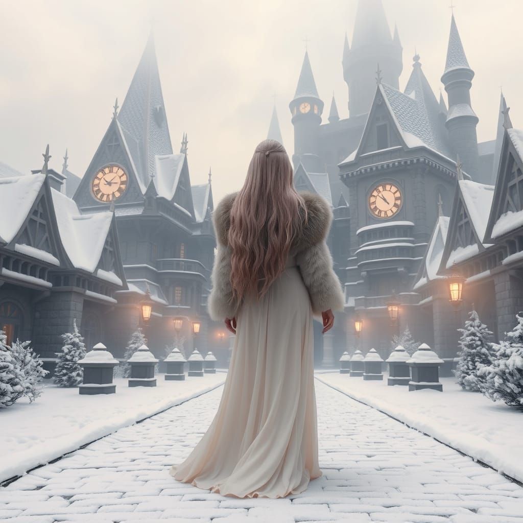 Elegant Lady Strolls Through Snowy Castle Grounds in Photore...