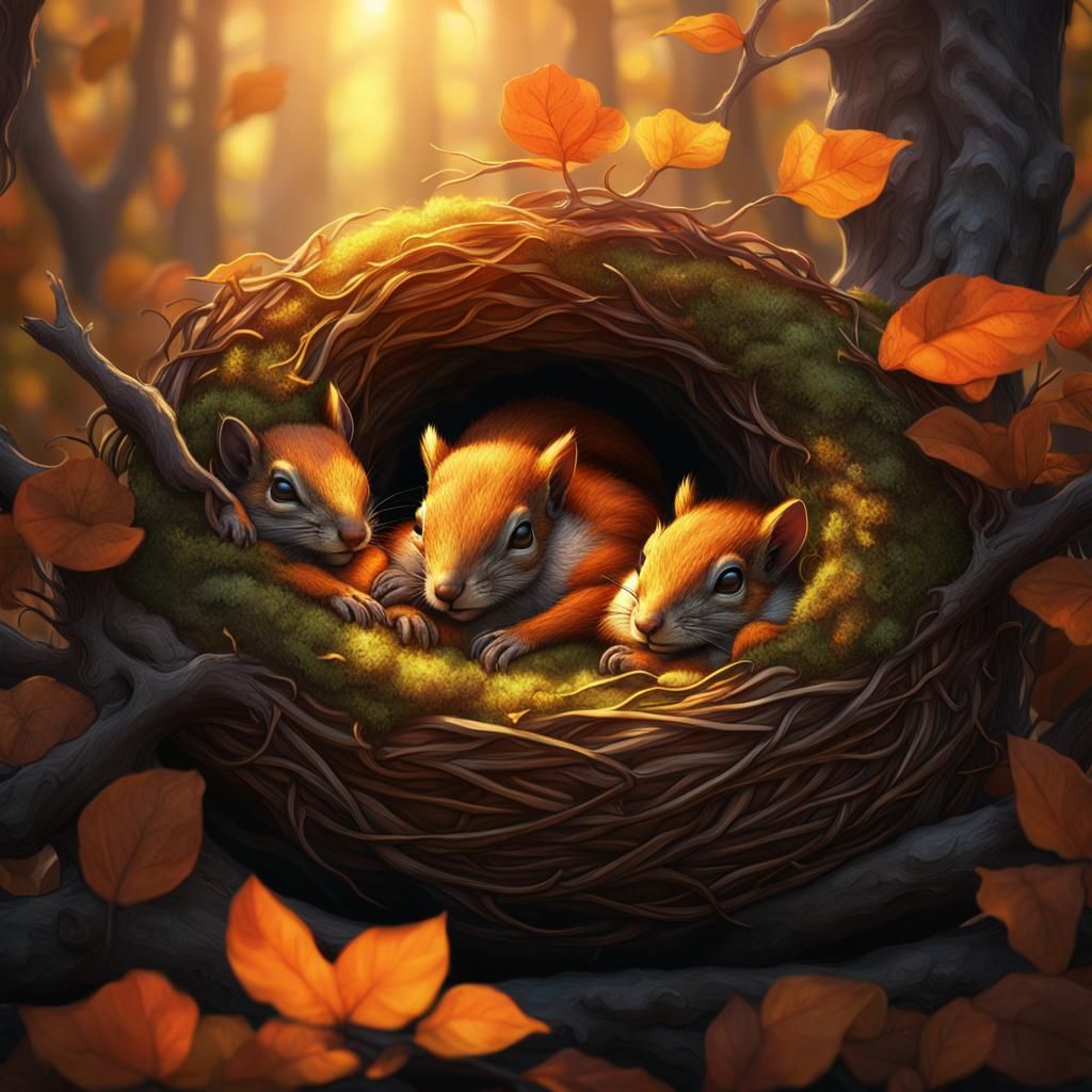 Squirrels Snug in Nest at Sunrise: Fantasy Concept Art