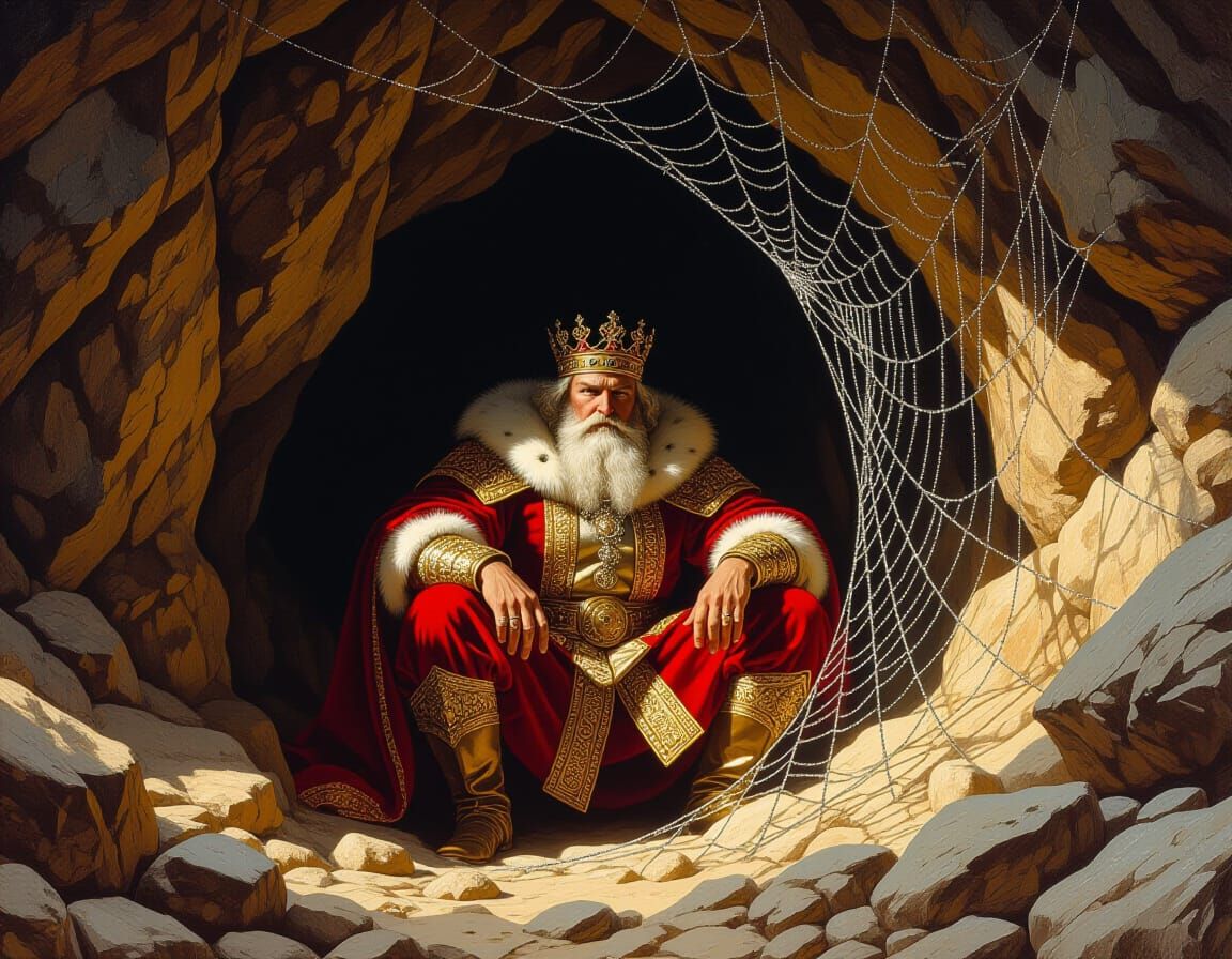 King Hiding in Dim Cave Entrance, Photorealistic Style