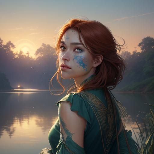 Sunset Lake Painting: Hyperdetailed Art by Greg Rutkowski
