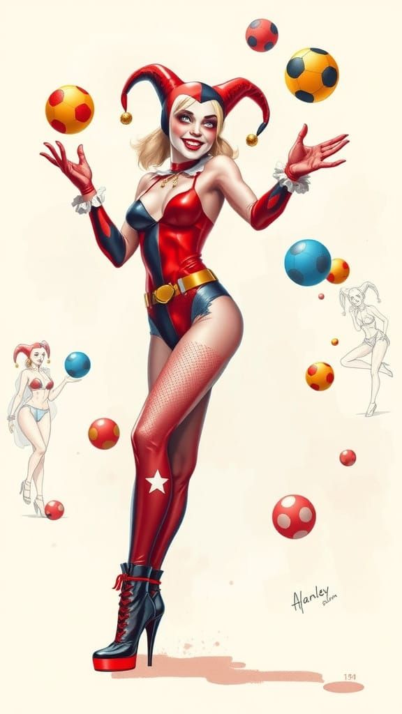 Vargas-Inspired Pinup of Harley Quinn in Whimsical Watercolo...