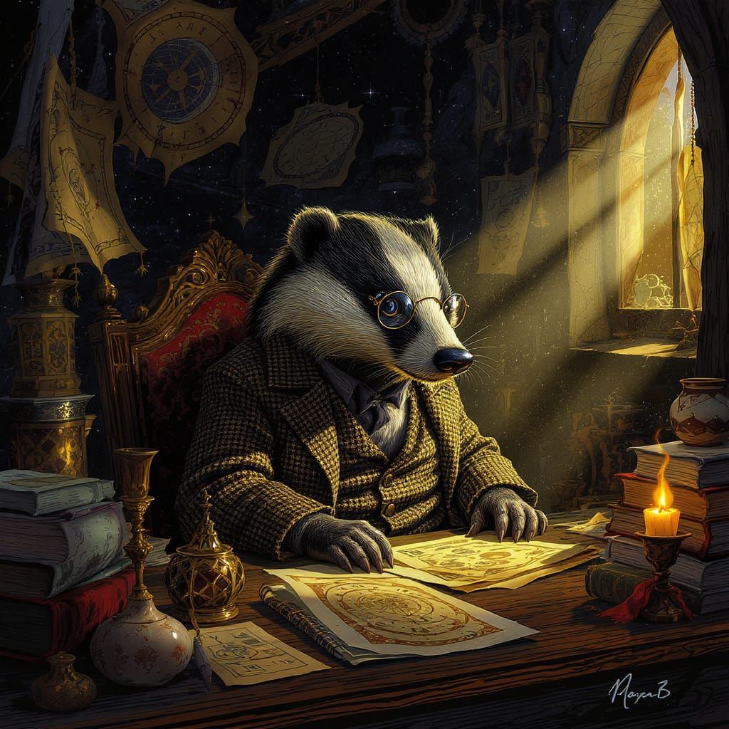 Badger Wizard Studying Ancient Tome