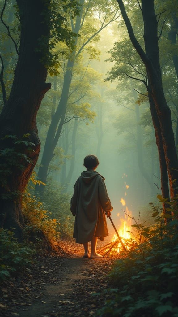 Boy Collecting Firewood in Mystical Forest