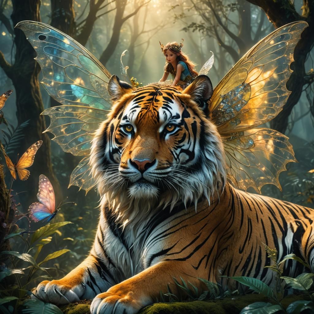 Fairy and Tiger in Mystical Forest