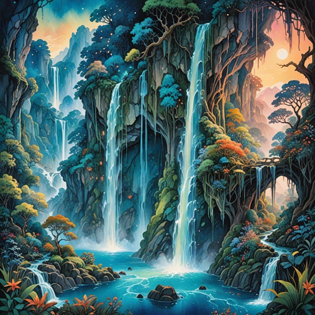 painting of a fantasy landscape, a breathtaking, cascading waterfalls plunging into ...