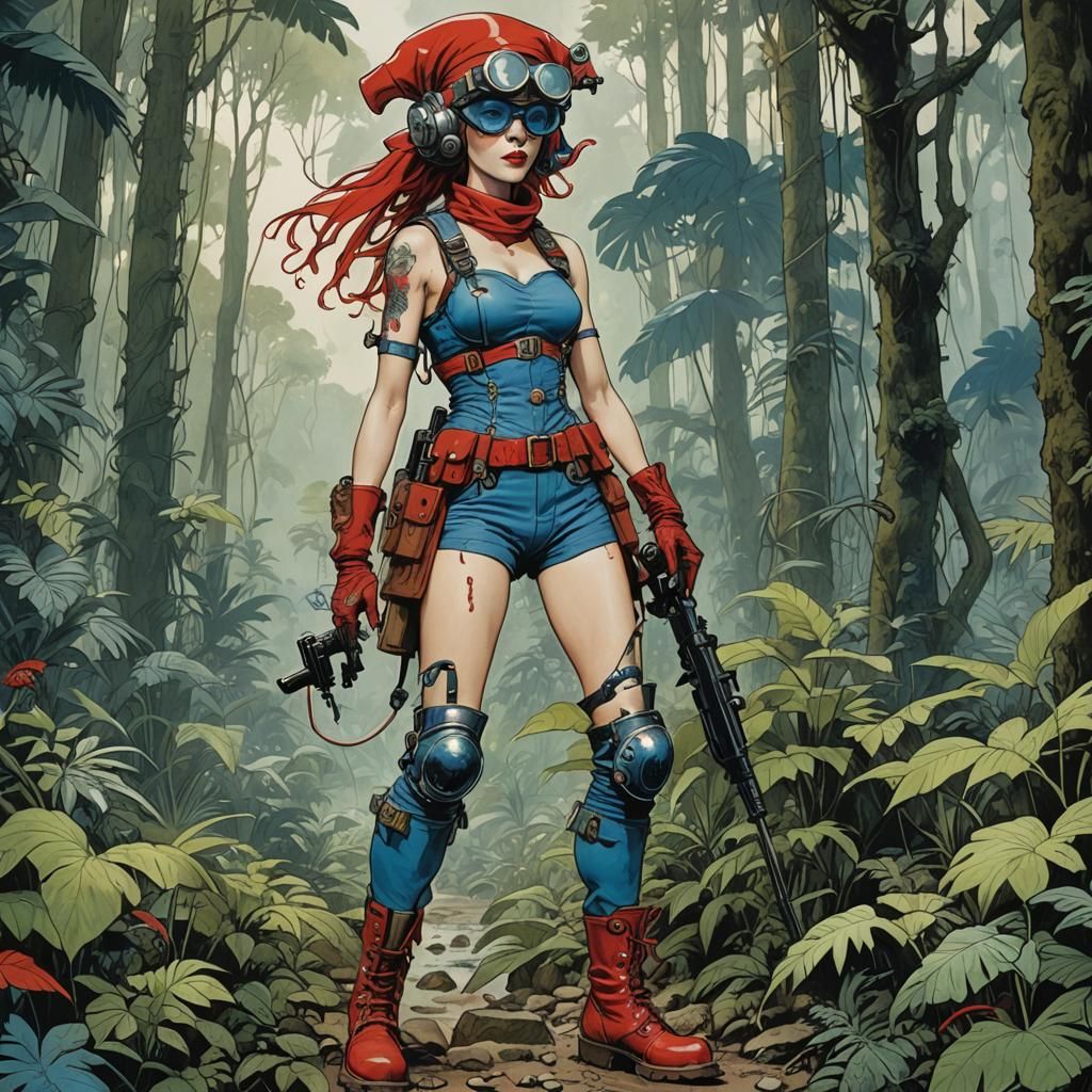 Blue Tank Girl Alien Warrior in Jungle Illustration