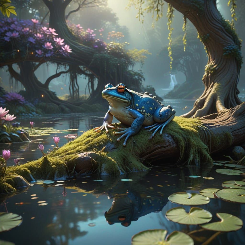 Ethereal Human-Frog Hybrid Amidst a Dreamy Pond Scene