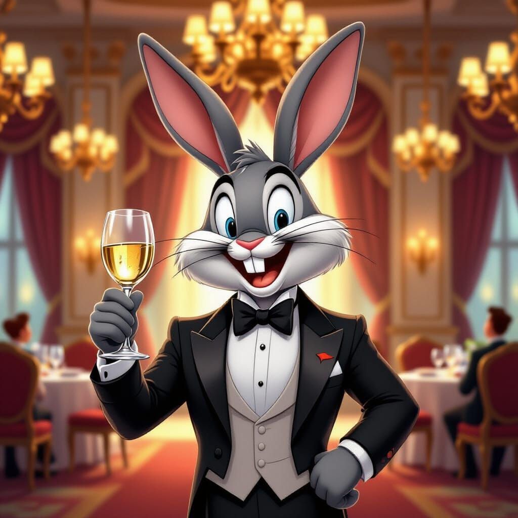 Dapper Rabbit in Tuxedo with Wine Glass at Banquet