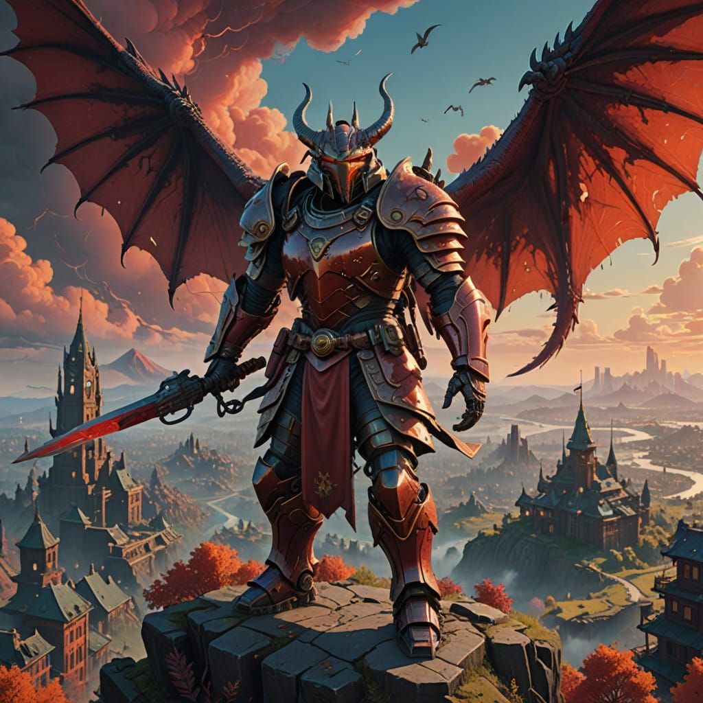 Epic Fantasy Warrior Stands Heroically Amidst Dragon and Cit...