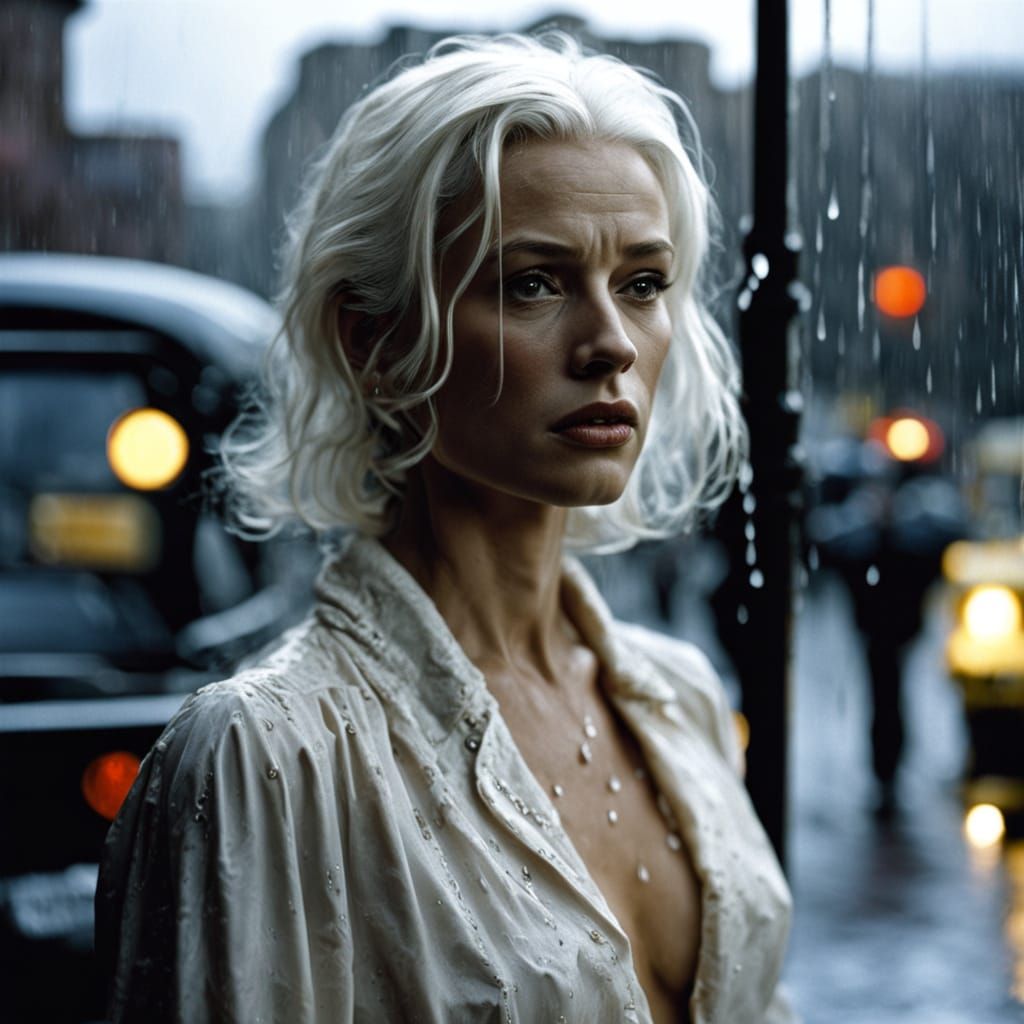Elegant Woman Waits for Bus Under Stormy Skies