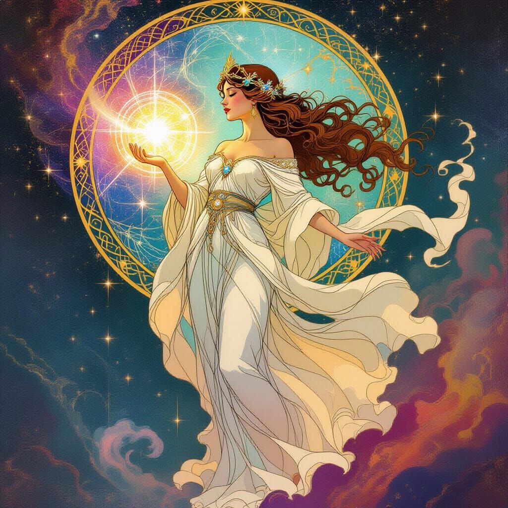 Ethereal Goddess in Nebula, Art Nouveau Style
