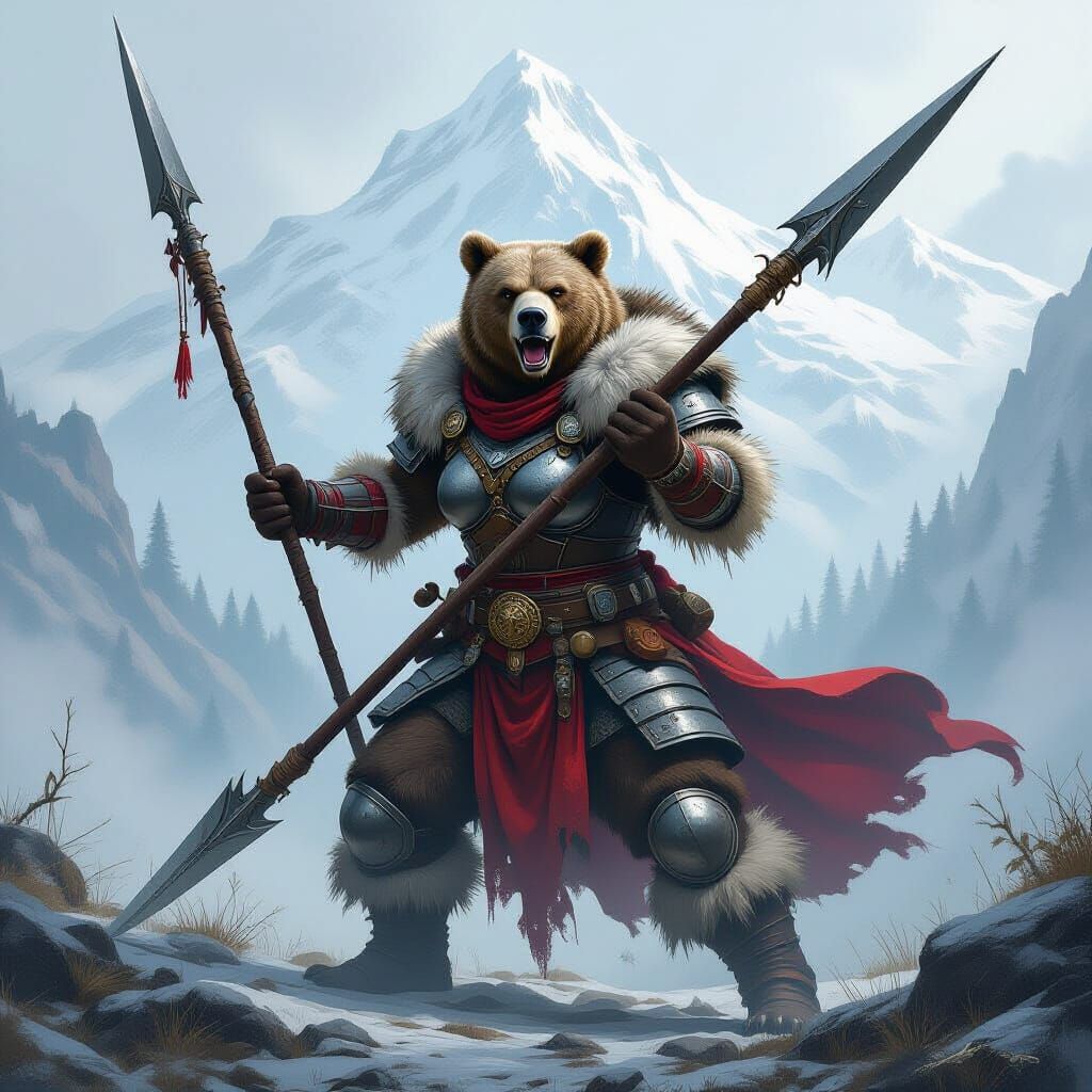 Female Grolar Bear Warrior with Spear in Misty Mountains