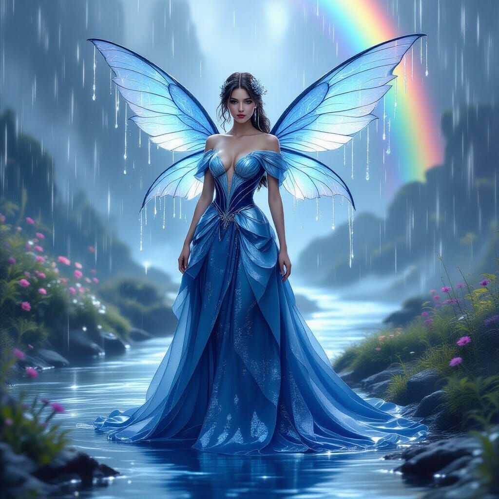Rain Princess in Magical Landscape, Hyper-Realistic Illustra...