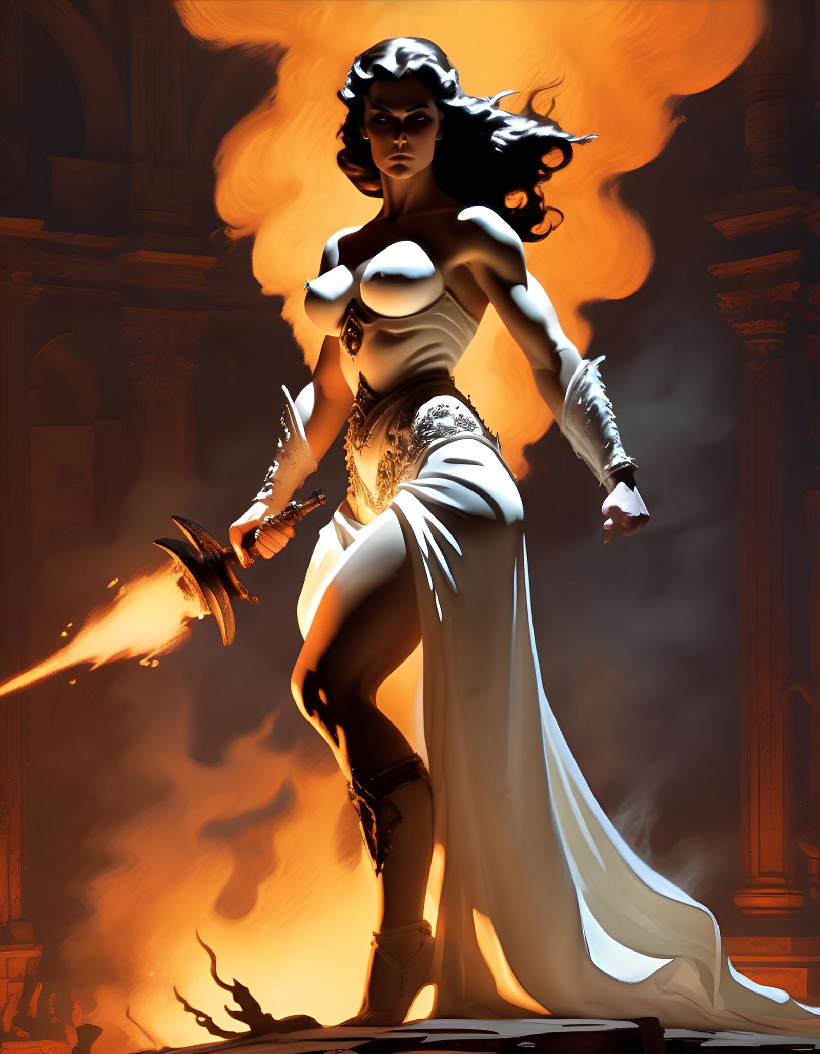 Frank Frazetta replica art ,A ( stuning muscular female princess :1.0) , Wearing a ( majestic white dress :1.2) ( torche...