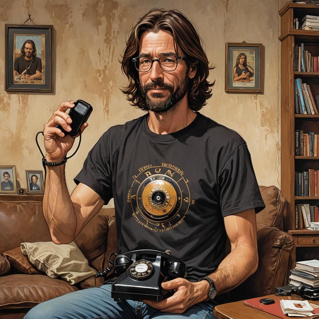 Man with Rotary Phone in Animated Modern Fantasy Style