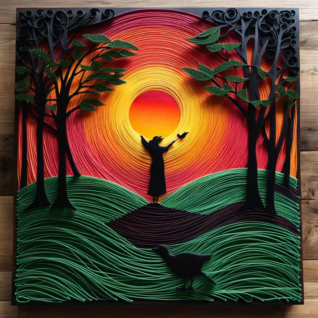 String Art Sunrise over Forest with Birds