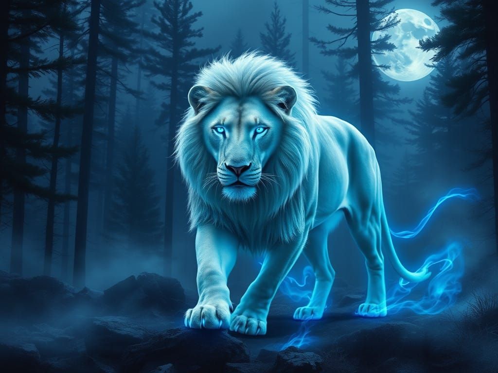 Ethereal Lion in Moonlit Forest