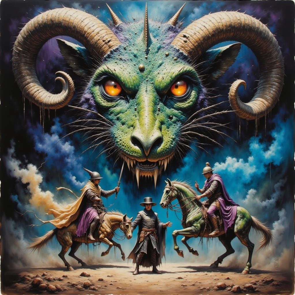 dragon's face, with metallic green, violet, and gold scale...