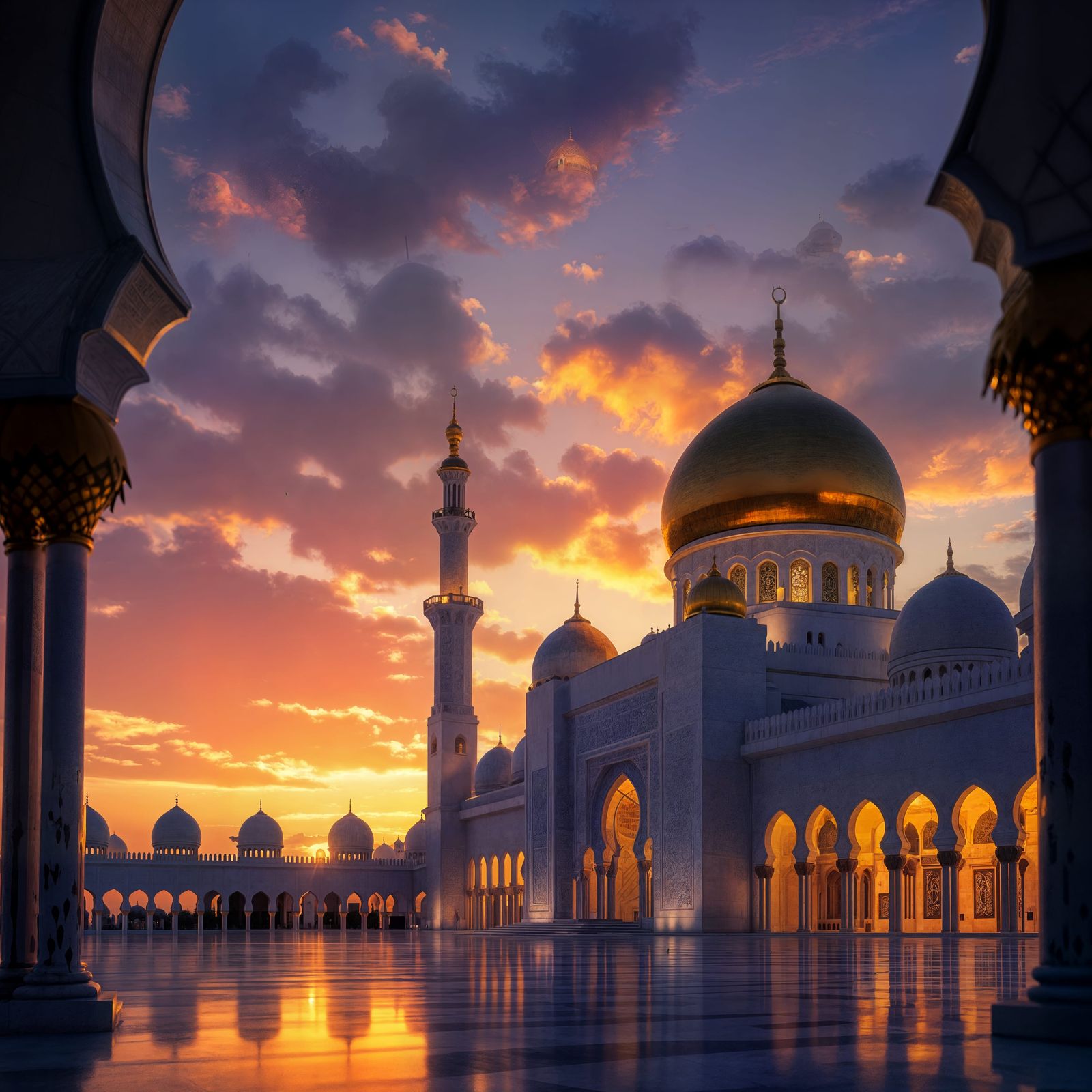 Stunning Mosque at Sunset with Golden Domes