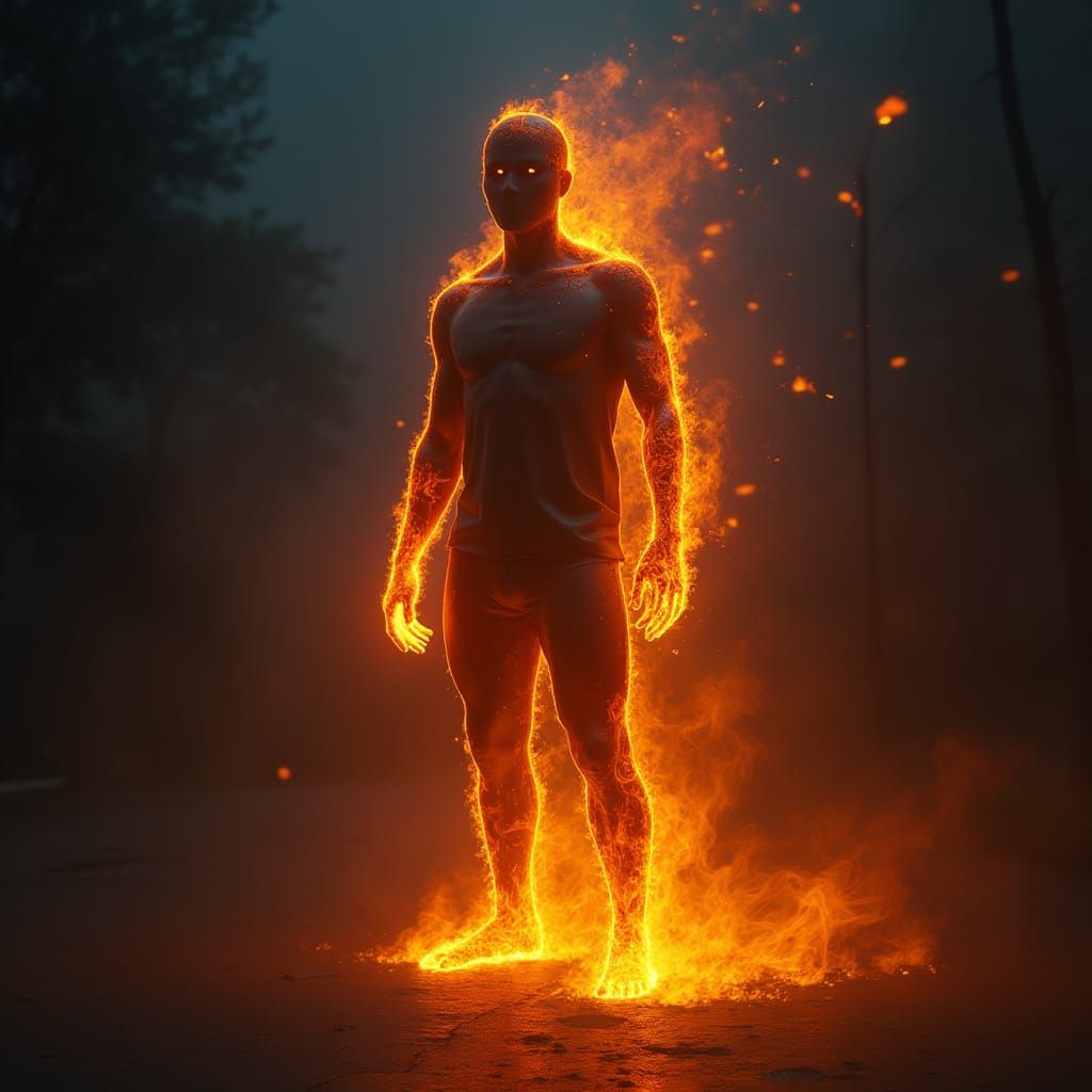 Fiery Humanoid Figure in Neon-Lit Style