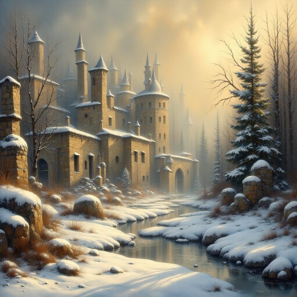Snowy Ancient City in Oil Painting Style