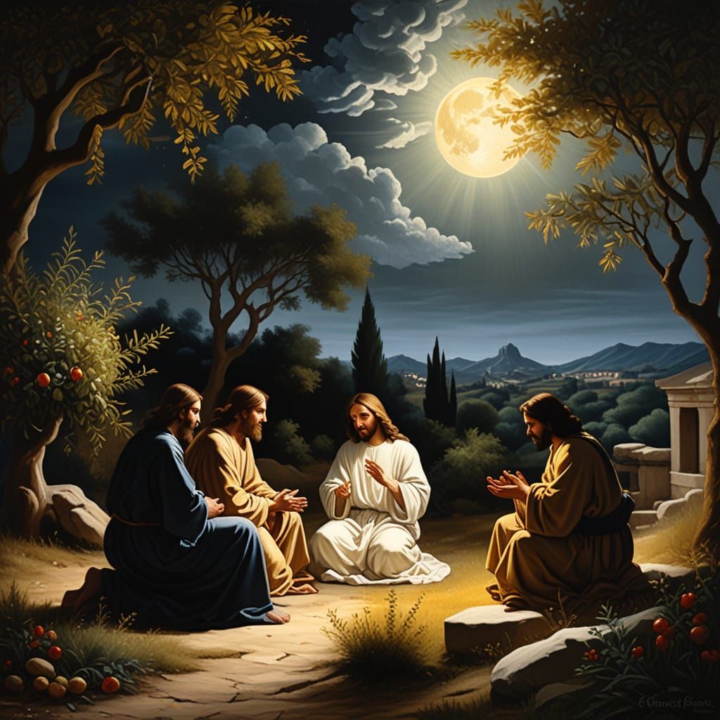 Jesus in Prayerful Solitude Under a Full Moonlit Garden