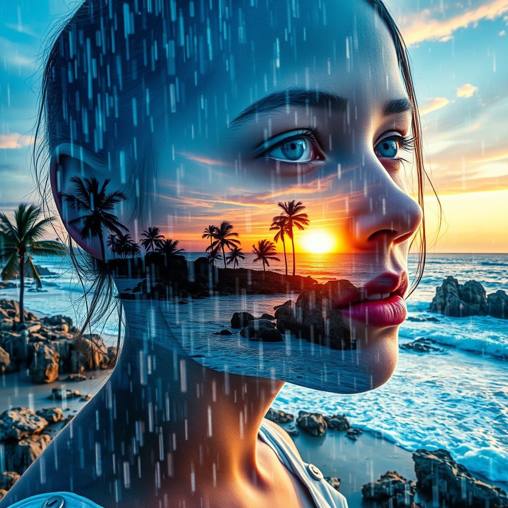 Blue Girl in Diamond Rain Seascape Collage