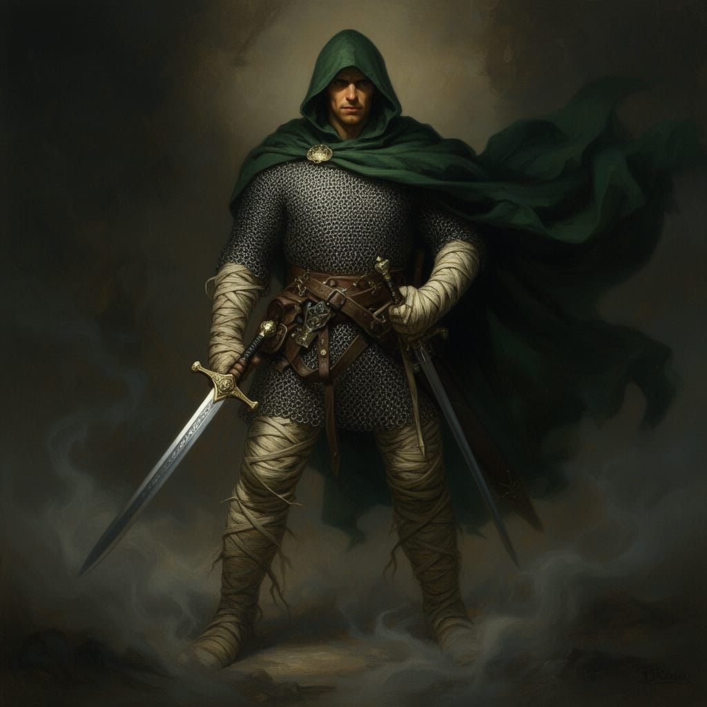 Warrior with Sword, Rapier, and Green Cloak