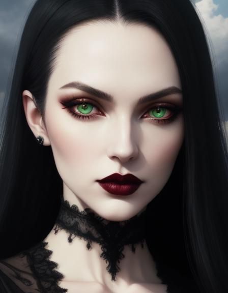 Beautiful gothic young lady with long black hair and green eyes with smoky gray eyeshadow& black eyeliner& red lipstick&...