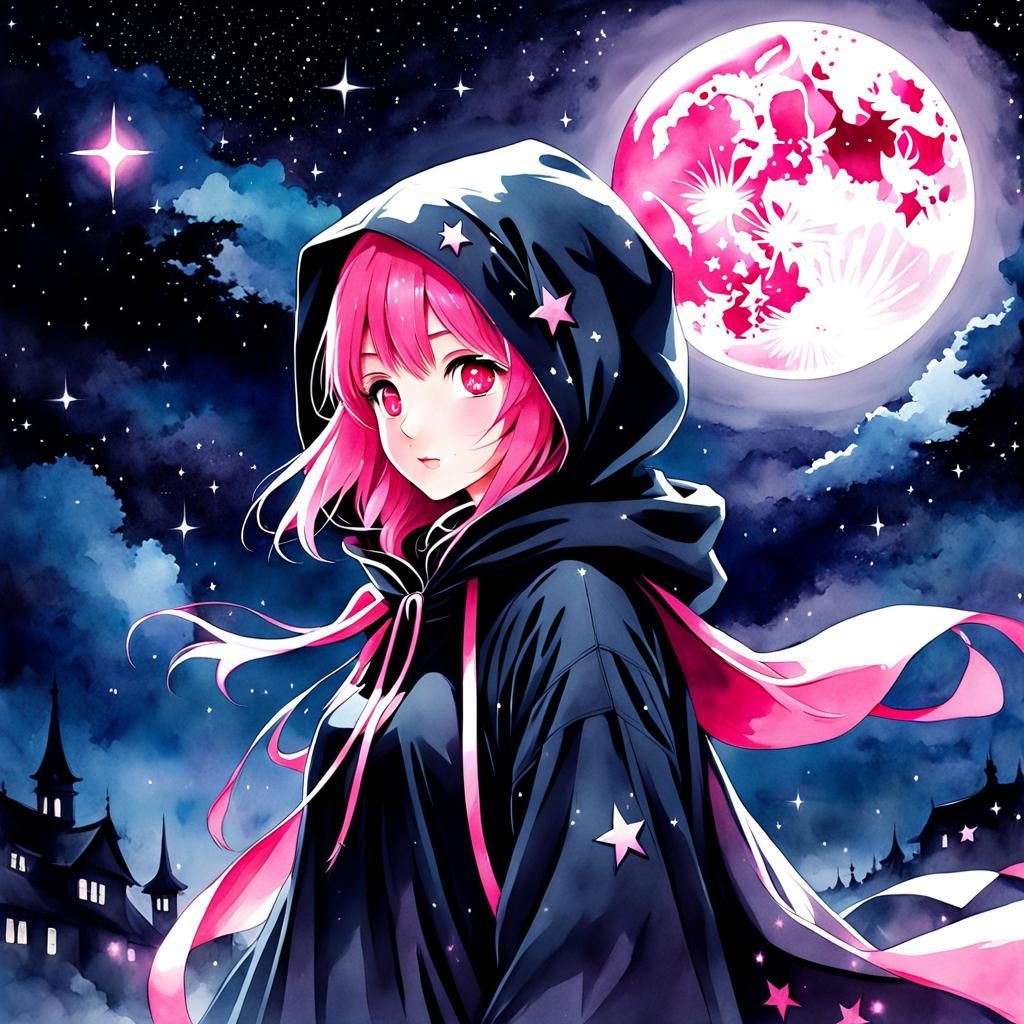Mystical Pink Woman Under Moon in Watercolor Style