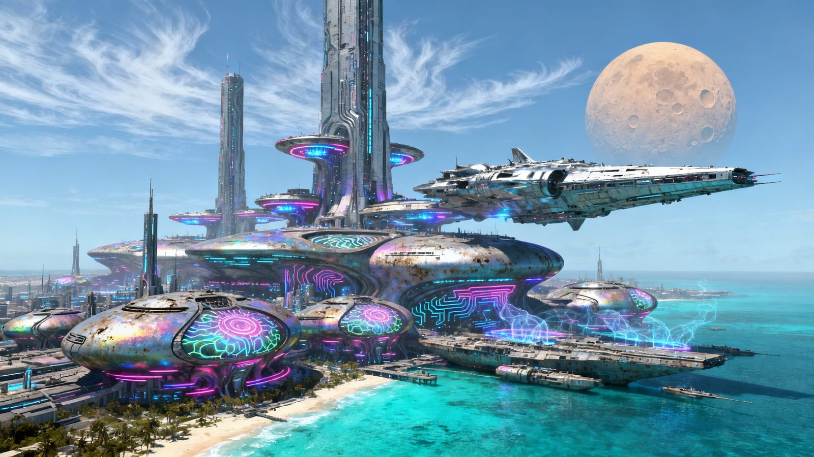 Alien Cityscape with Spaceports and Futuristic Architecture