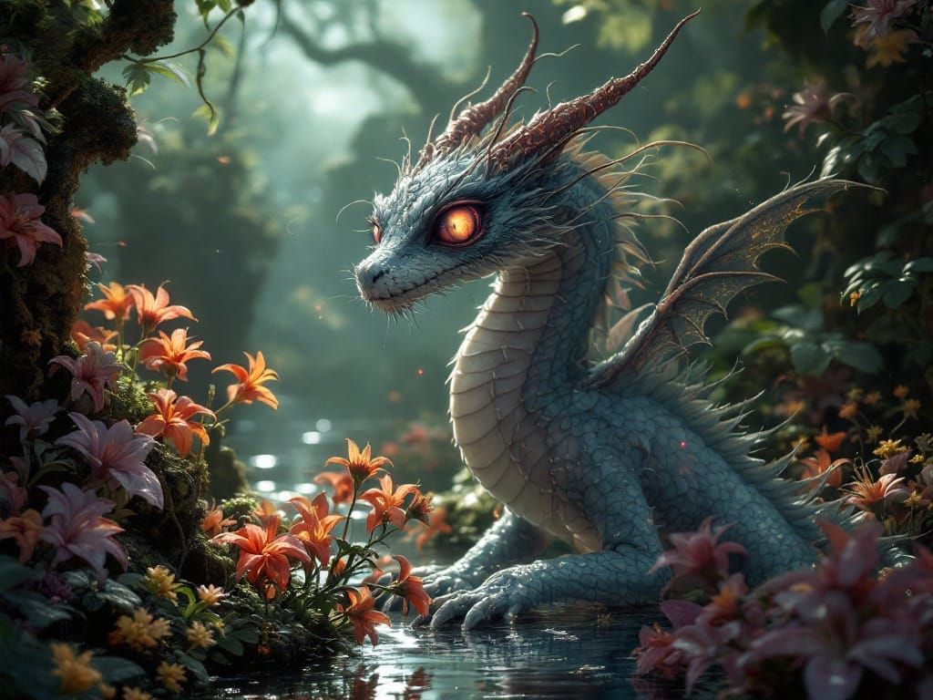 Mystical Tillandsia-Adorned Dragon in Darkened Brume