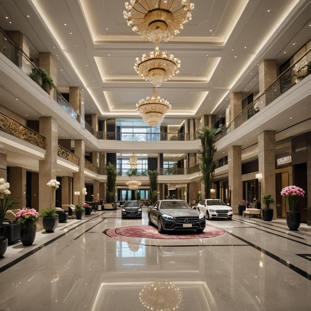 Luxury Hotel Lobby with Elegant Cars and Flowers