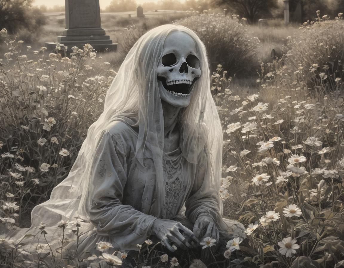 Ethereal Crystal Ghost Laughs in Sunny Flower Field